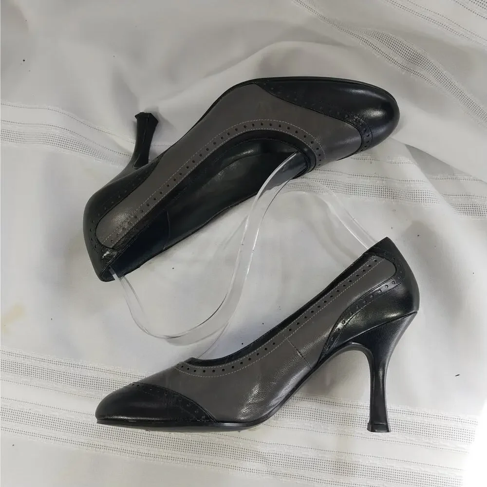 KAREN SCOTT! KENWOOD ALL GENUINE LEATHER BLACK, GRAY PERFORATED HEELS! SZ 7M